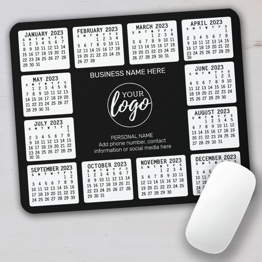 2023 Calendar with logo, Contact Information Black Mouse Pad