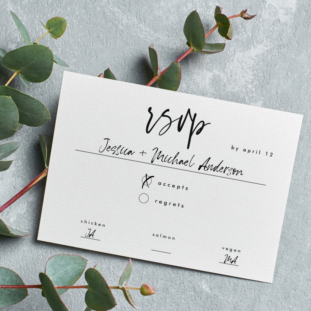 Minimal Black White Script Meal Choice Wedding RSVP Card