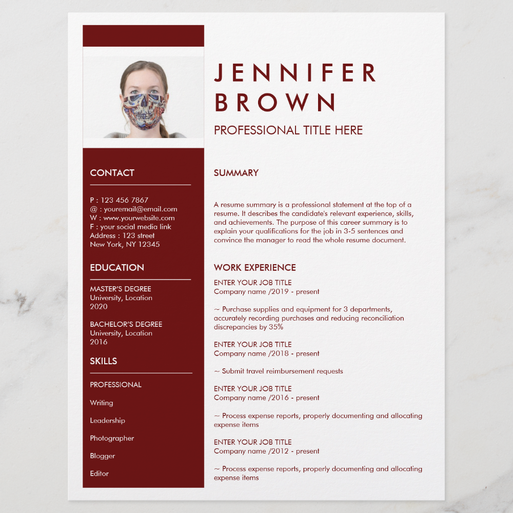 Burgundy Minimal Resume CV with Photography