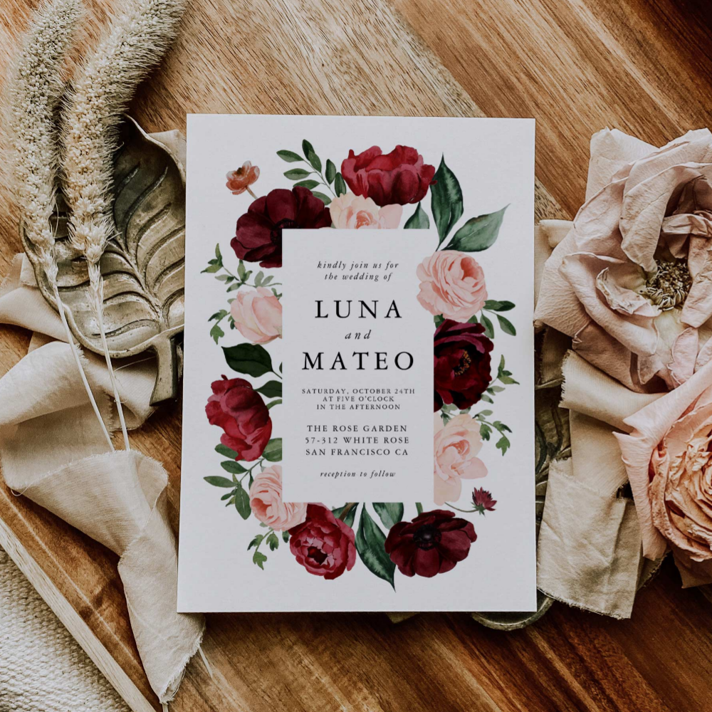 Burgundy and Blush Watercolor Floral Photo Wedding Invitation