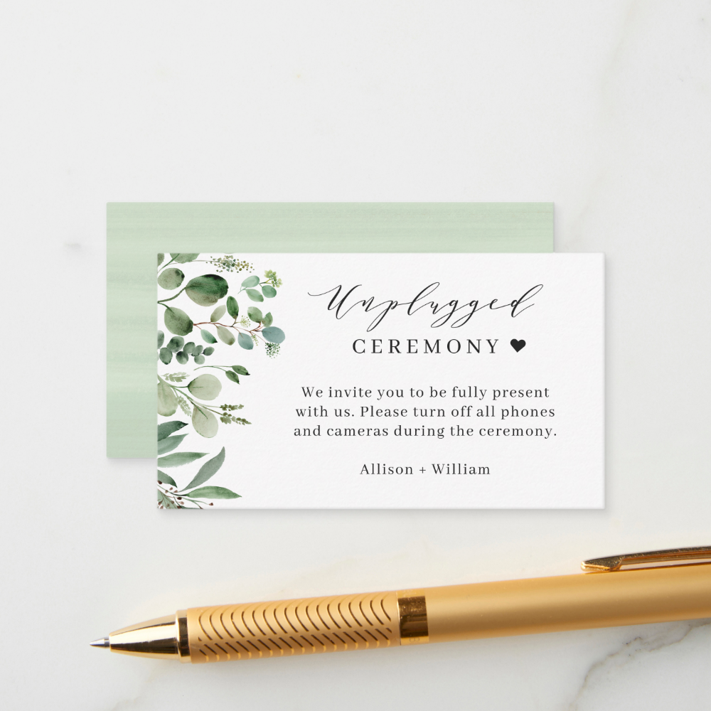 Green Eucalyptus Leaves Unplugged Wedding Ceremony Enclosure Card