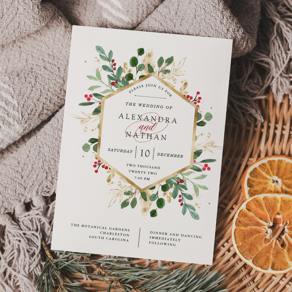 Gilded Greenery on White | Christmas Wedding Invitation