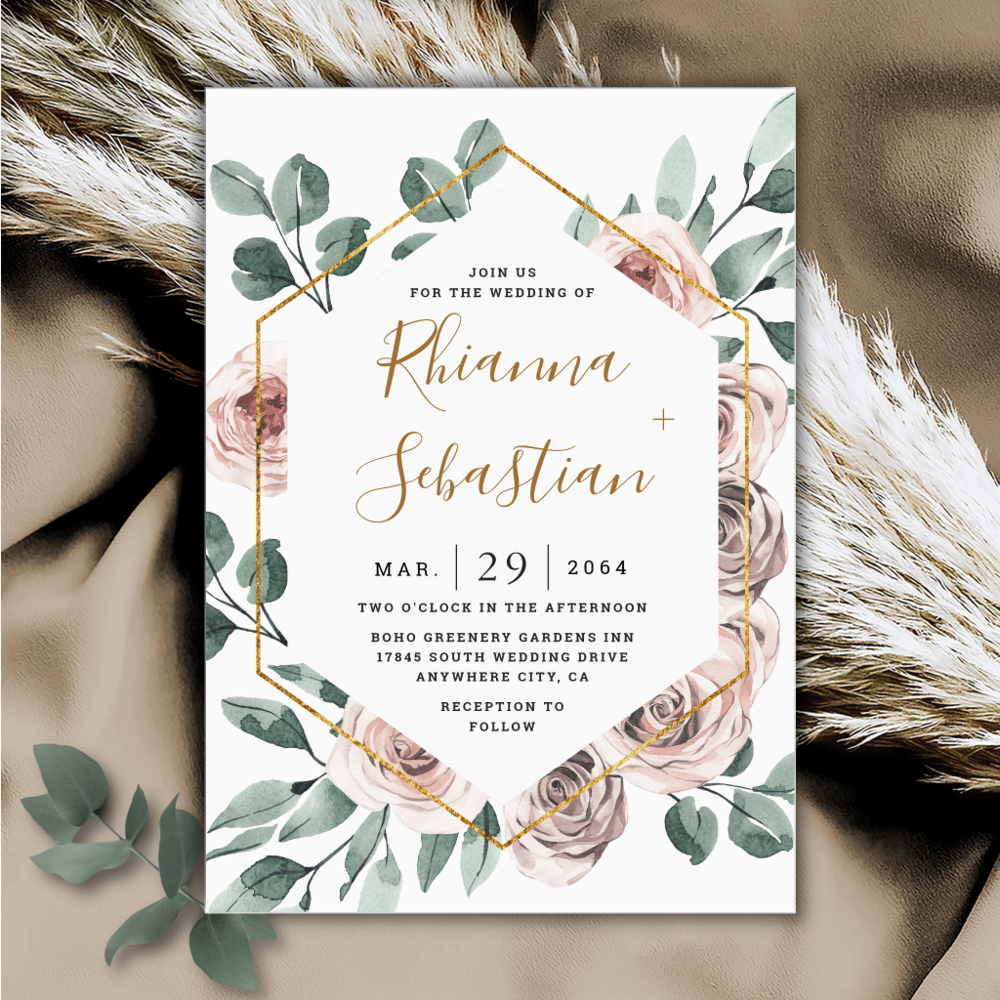 Dusty Rose Pink Mauve Gold Greenery Floral Wedding Invitation