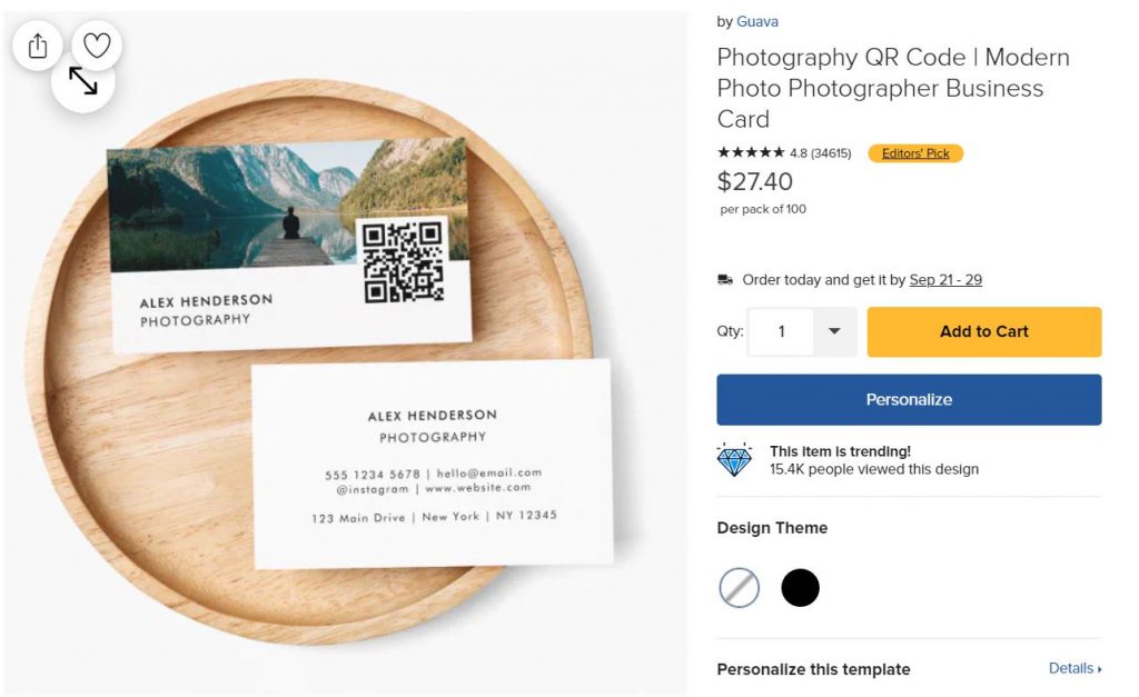 The product page for a QR business card