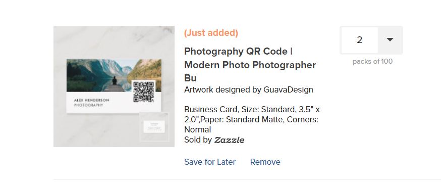 The cart, when you've added your business cards