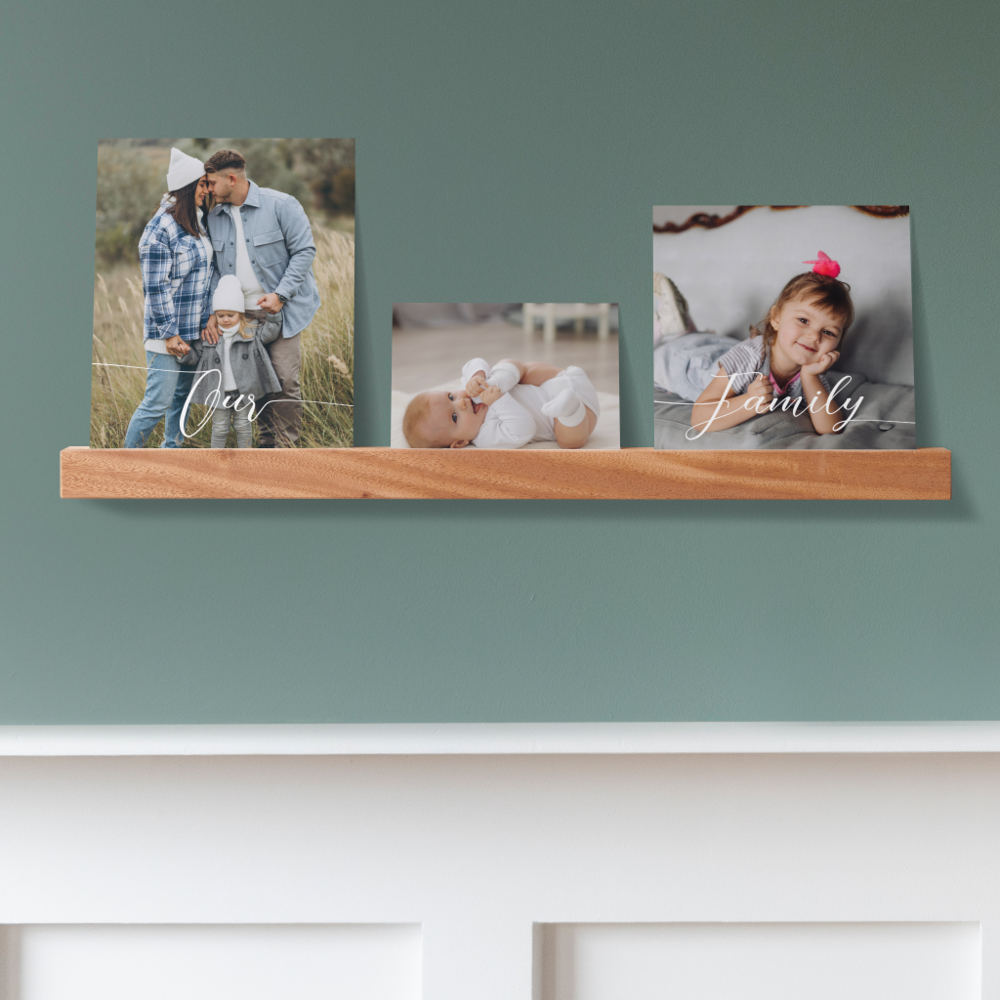 Our Family Minimal Elegant Script Overlay 3 Photo Picture Ledge