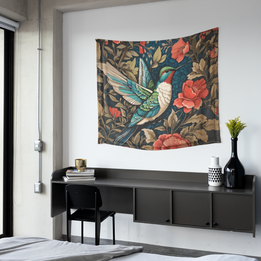 Elegant Flying Hummingbird William Morris Inspired Tapestry

