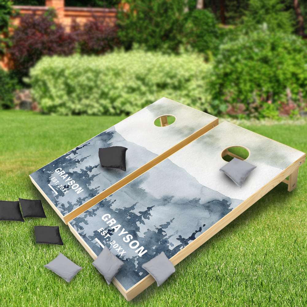 Watercolor Forest Mountains Name Wedding Cornhole Set