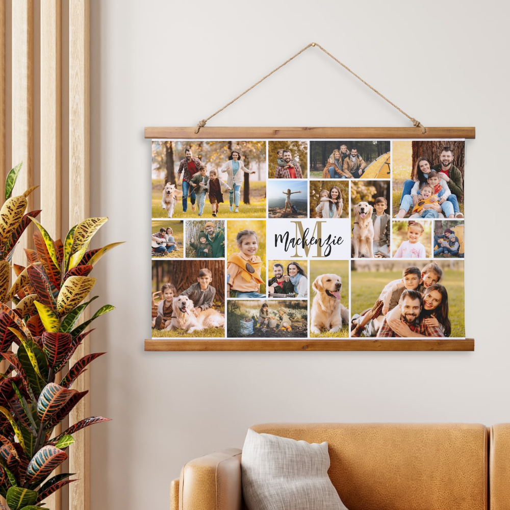 Modern 17 Photo Collage Monogram Script Name Hanging Tapestry
