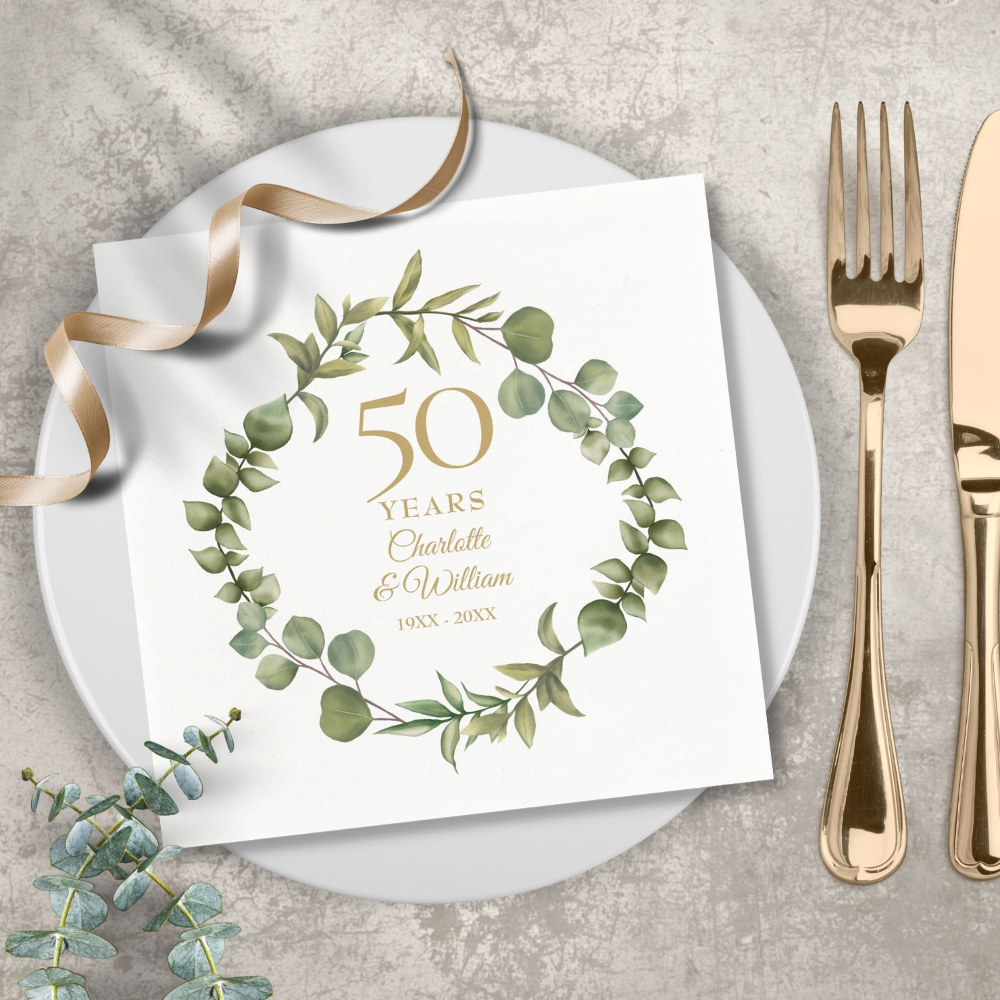 50th Golden Wedding Anniversary Woodland Greenery Napkins
