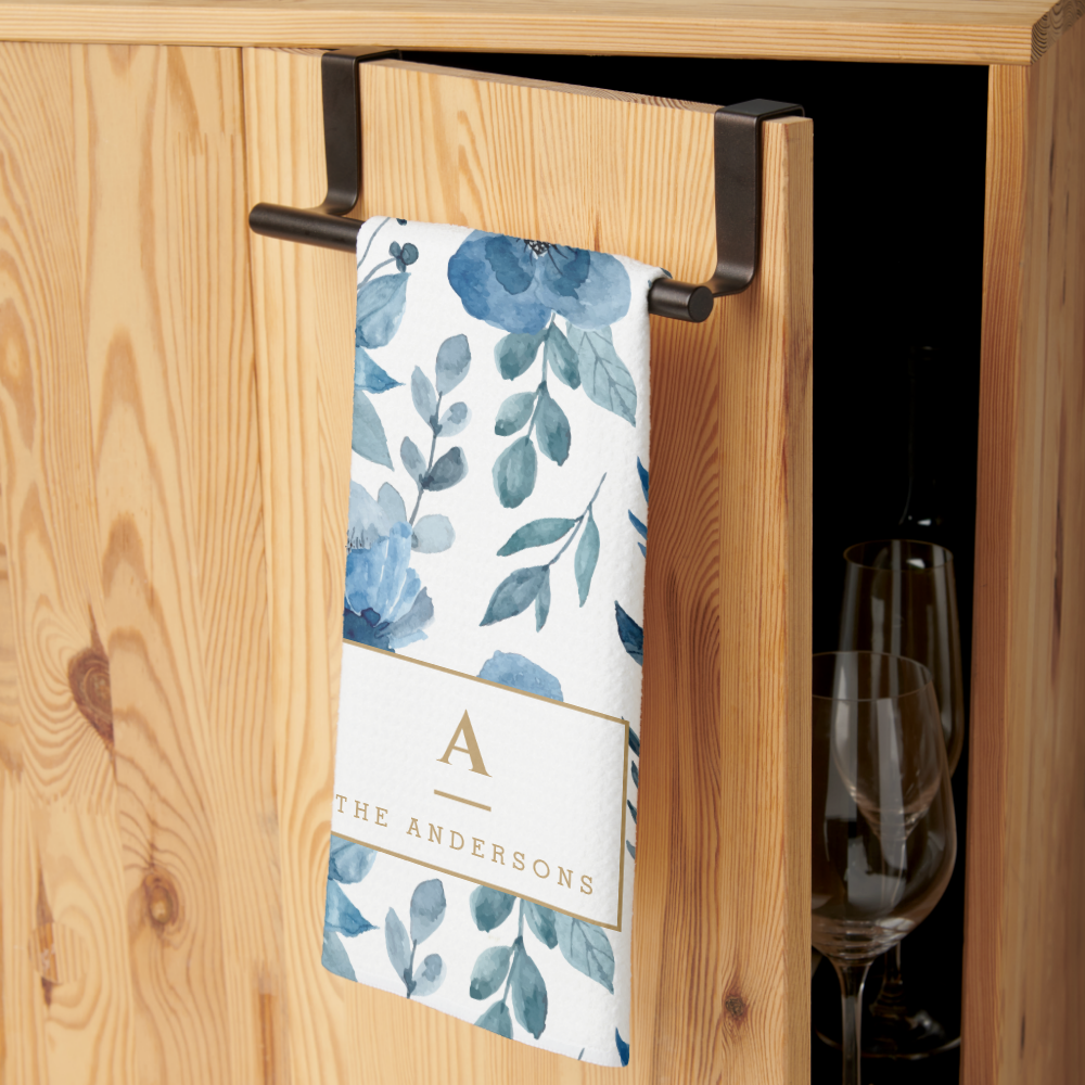 Stylish Navy Blue Watercolor Flowers Monogram Kitchen Towel