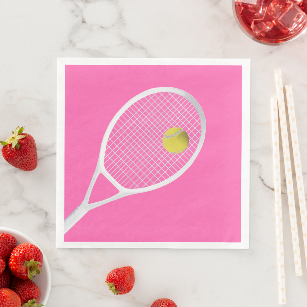 Pink Modern Tennis Ball White Racket Paper Dinner Napkins