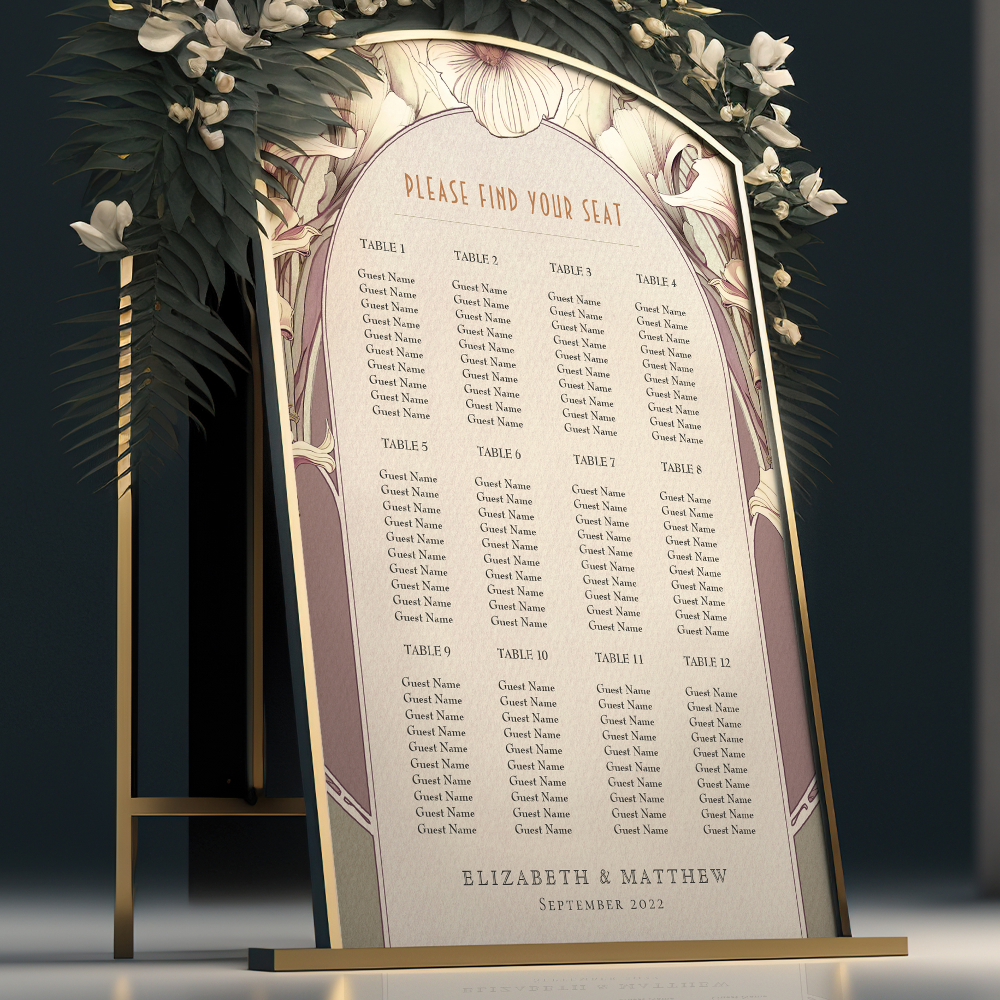 Seating Chart Vintage Wedding Art Nouveau Foam Boa Foam Board