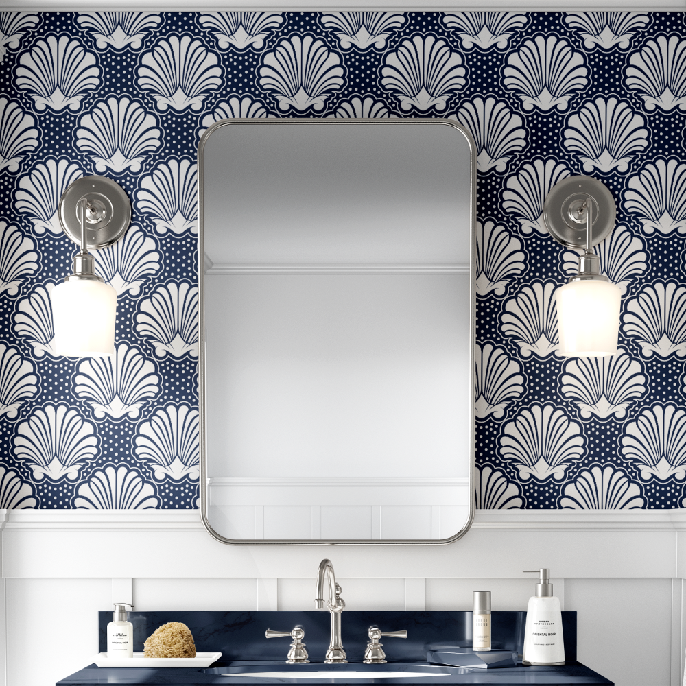 Navy & White Seashell Wallpaper