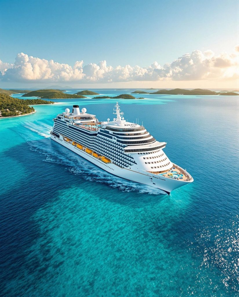 A modern luxury cruise ship sailing in tropical blue waters.