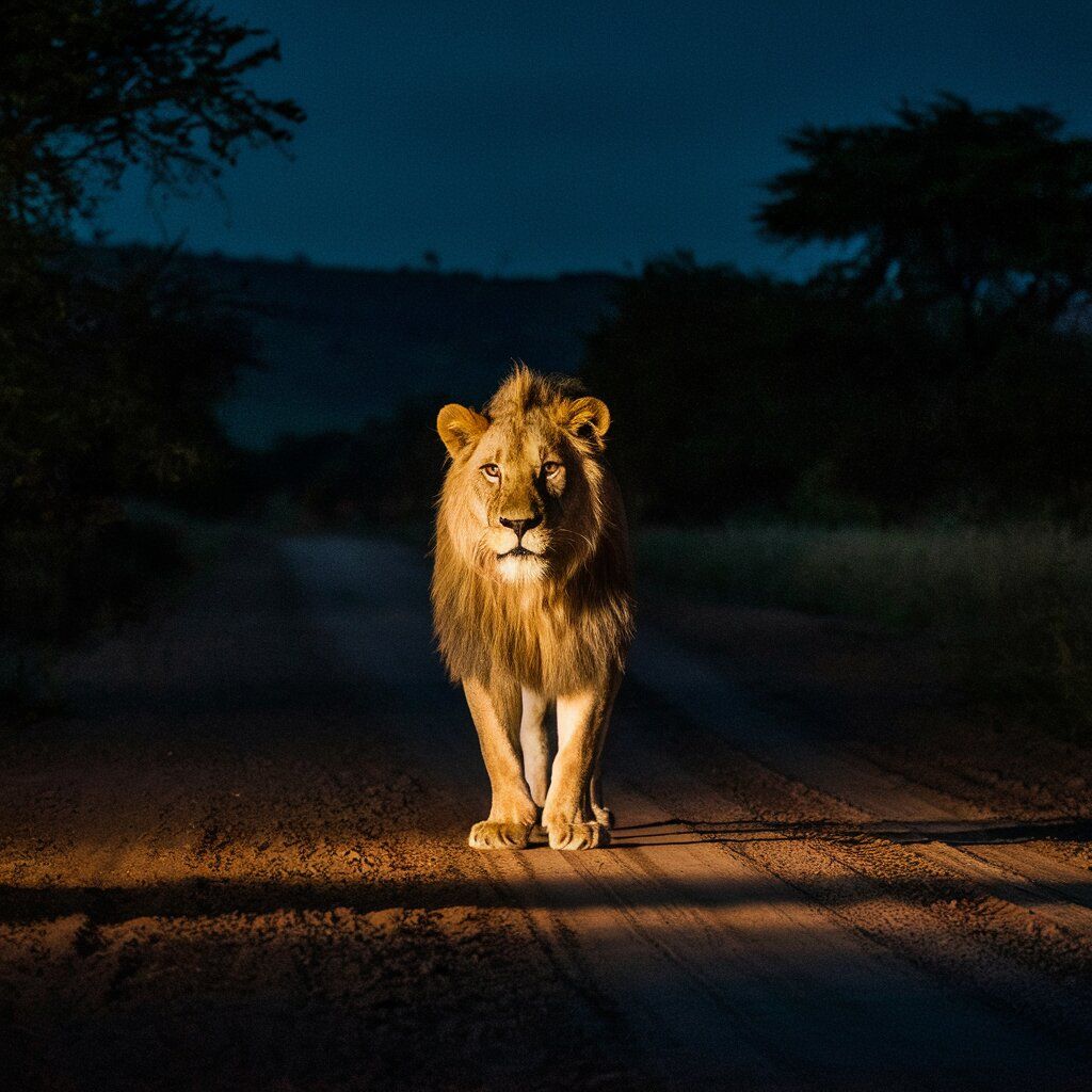 A male African lion walking down a trail on a conservation, photographed at night.