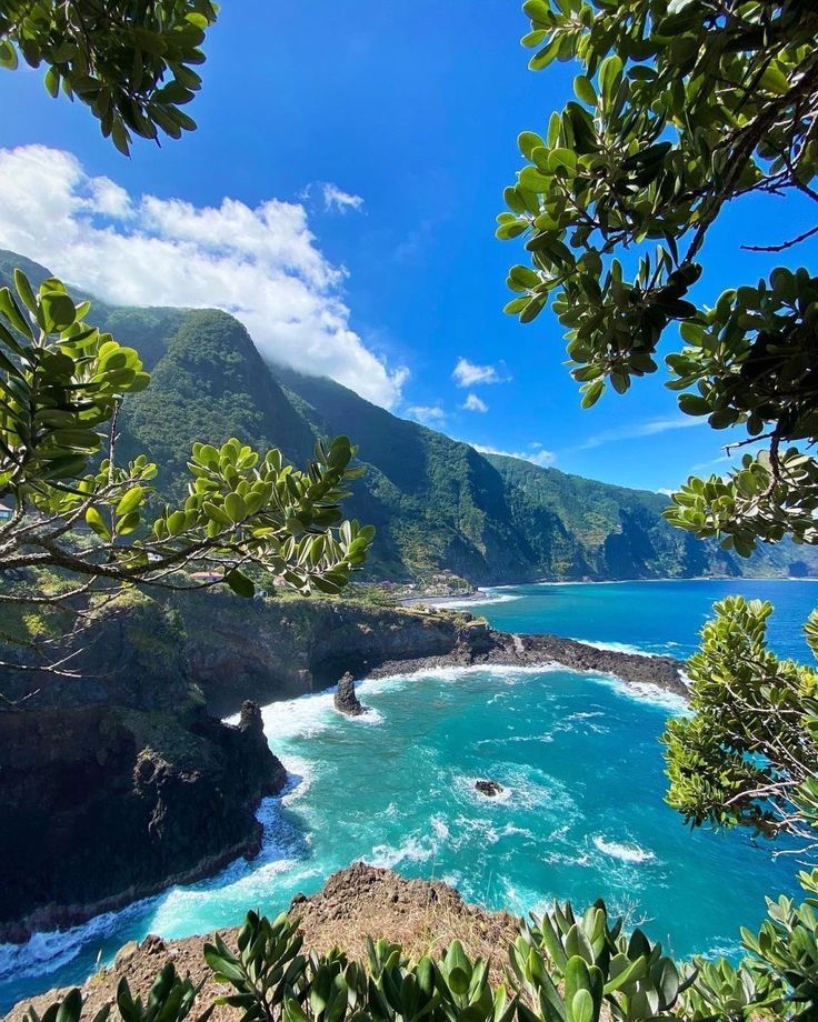 The dramatic coastline of Seixal, Madeira, featureing steep, green volcanic cliffs plunging directly into turquoise waters and beautiful black sand beaches.