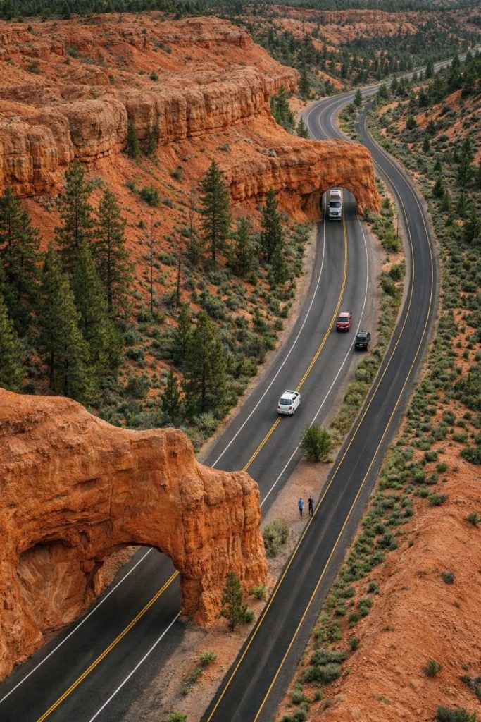 The famous Red Canyon Tunnels, which act as the unofficial, dramatic entrance for travelers heading east toward Bryce Canyon National Park, located along the Mighty 5 Loop in southern Utah, United States.
