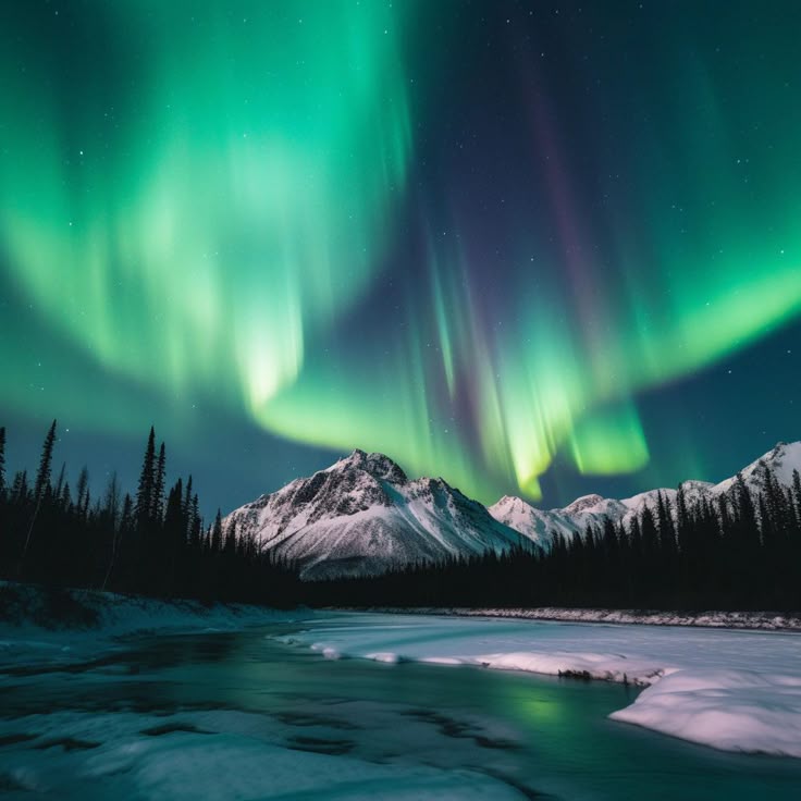 A vivid display of the Aurora Borealis (Northern Lights) illuminating a winter night sky in Iceland, with green and purple light trails dancing above a snow-covered mountain range.