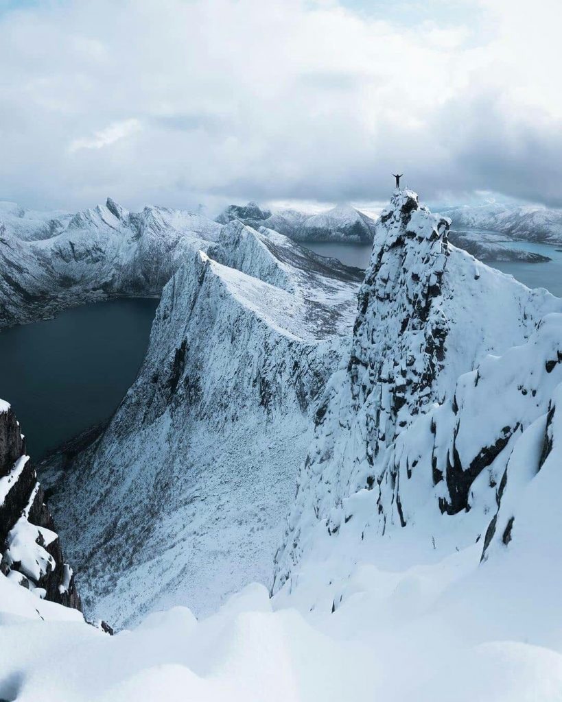 A panoramic view of the Segla peak from the top of Hesten mountain on Senja Island in Norway.